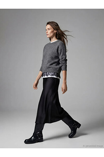 LC Waikiki Anthracite Crew Neck Lace Detailed Women's Knitwear Sweater