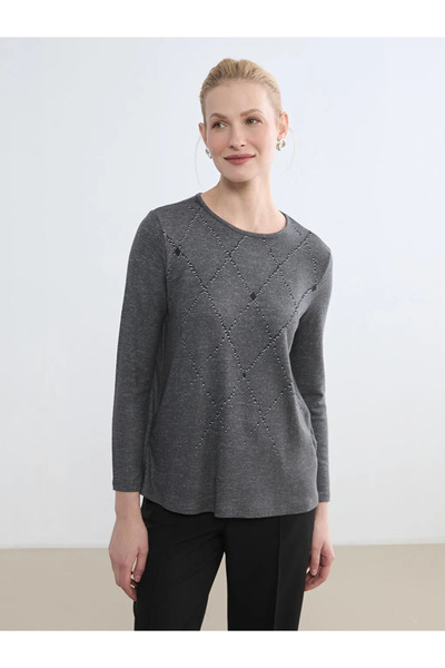 LC Waikiki Anthracite Crew Neck Patterned Women's T-Shirt