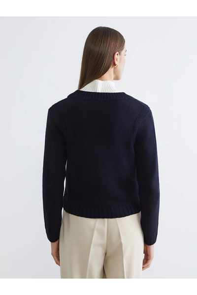 LC Waikiki Navy Blue V-Neck Self-Patterned Women's Knitwear Cardigan