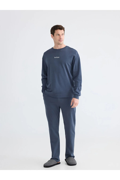 LC Waikiki Navy Blue Standard Fit Men's Printed Pajama Set