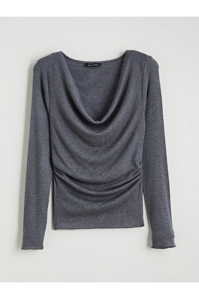 LC Waikiki Anthracite Draped Collar Gathered Blouse