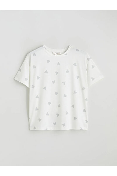 LC Waikiki White Crew Neck Heart Printed Women's Pajama Top