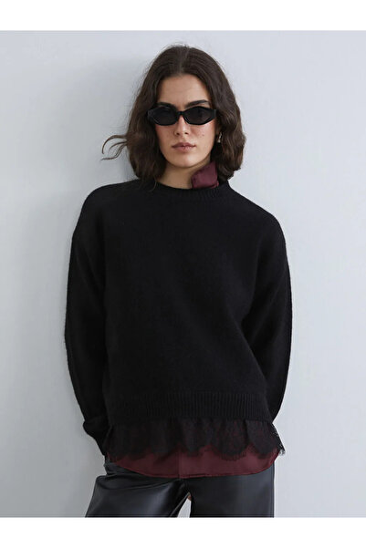 LC Waikiki Black Crew Neck Lace Detailed Women's Knitwear Sweater