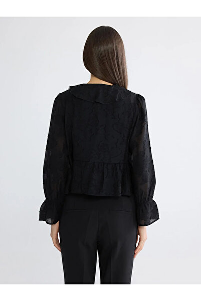 LC Waikiki Black V-Neck Patterned Ruffle Blouse