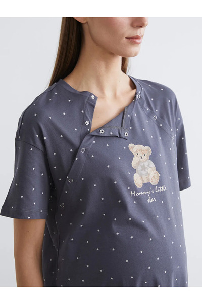 LC Waikiki Gray Crew Neck Printed Maternity Nightdress