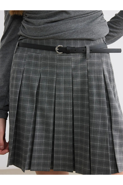 LC Waikiki Gray Plaid Pleated Mini Skirt with Belt