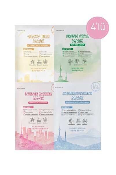 Muldream Kore Yüz Maskesi Seti 4’lü – Aydınlatıcı, Nemlendirici, Onarıcı, Den...