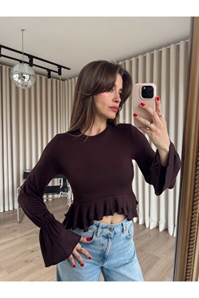 Sue Store Bitter Brown Ruffled Waist Blouse