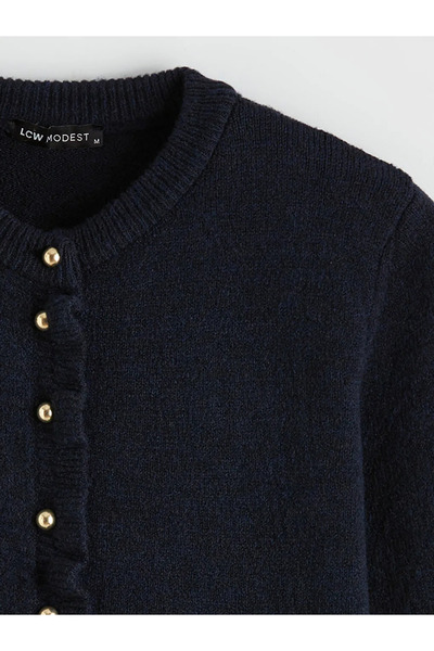 LC Waikiki Navy Blue Crew Neck Ruffled Women's Knitwear Cardigan