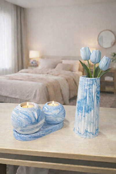 millonu Dekoratif Mermer Desen Vazo + 2 Adet Mumluk Seti | Modern Salon & Mas...