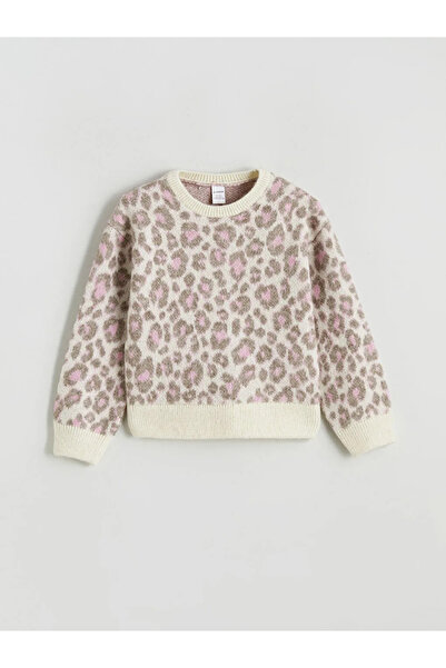 LC Waikiki Pink Leopard Patterned Girl's Knit Sweater