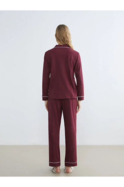 LC Waikiki Burgundy Shirt Collar Bear Teddy Printed Women's Pajama Set