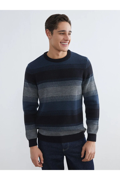 LC Waikiki Navy Blue Crew Neck Striped Men's Knitwear Sweater