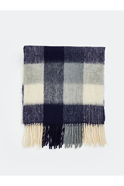 LC Waikiki Navy Blue Fringed Plaid Patterned Women's Scarf