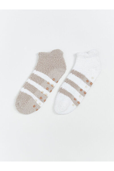 LC Waikiki Beige Striped Women's Non-Slip Sole Home Socks 2-Piece