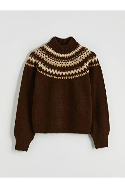 LC Waikiki Brown Half Turtleneck Patterned Women's Knitwear Sweater