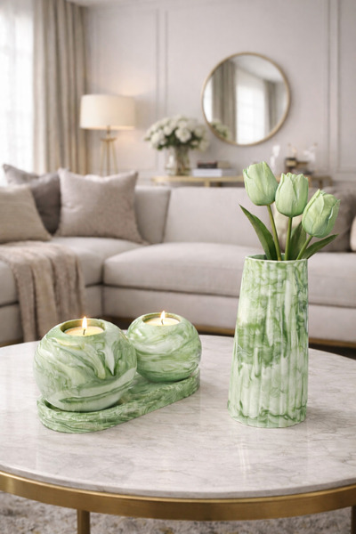 millonu Dekoratif Mermer Desen Vazo + 2 Adet Mumluk Seti | Modern Salon & Mas...