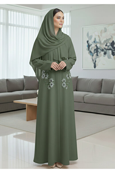 Msquare Fashion Handmade Floral Embroidered Green Abaya