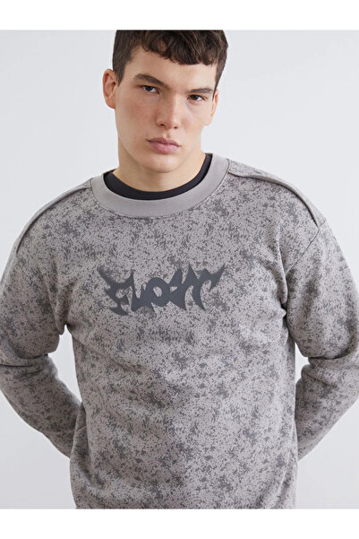 LC Waikiki Gray Crew Neck Printed Men's Thick Sweatshirt
