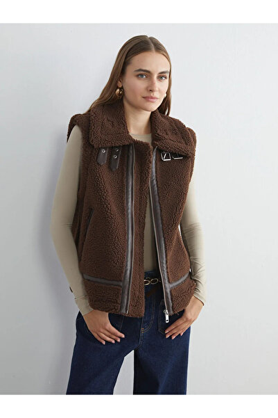 LC Waikiki Καφέ Γυναικείο Λούτρινο Γιλέκο με Γιακά Πουκάμισου