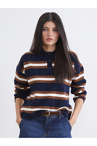 LC Waikiki Navy Blue Polo Neck Striped Women's Knitwear Sweater