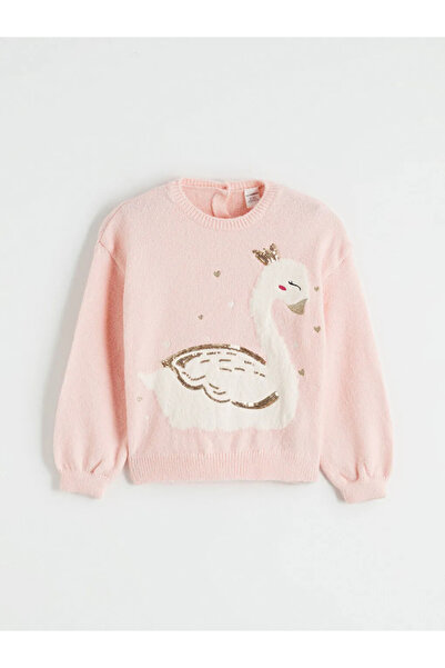 LC Waikiki Pink Swan Patterned Girls' Knit Sweater