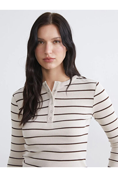 LC Waikiki Beige Crew Neck Striped Women's Bodysuit
