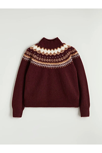 LC Waikiki Pulover de tricotat pentru femei cu model Burgundy guler ridicat