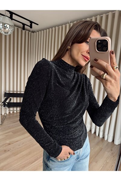 Sue Store Black Glittery Shoulder and Waist Draped Blouse