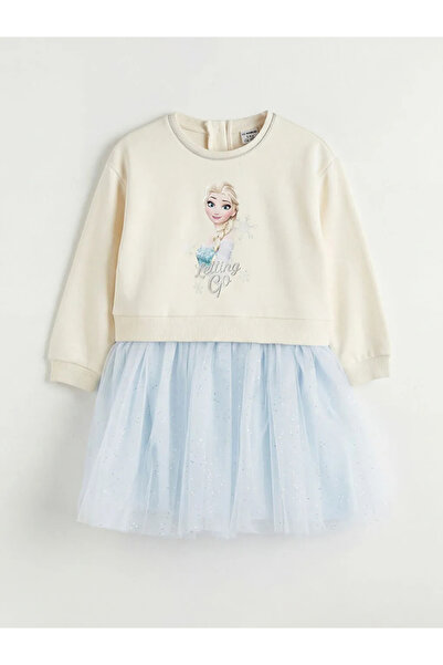 LC Waikiki Rochie pentru fetiță Ecru Frozen cu fustă din tul imprimat