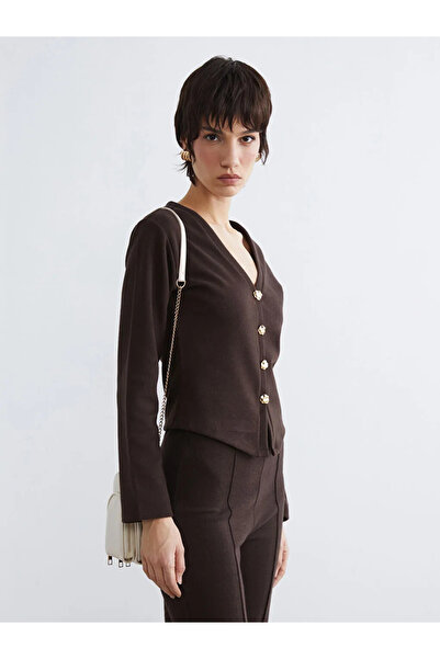 LC Waikiki Brown V-Neck Women's Knitwear Cardigan