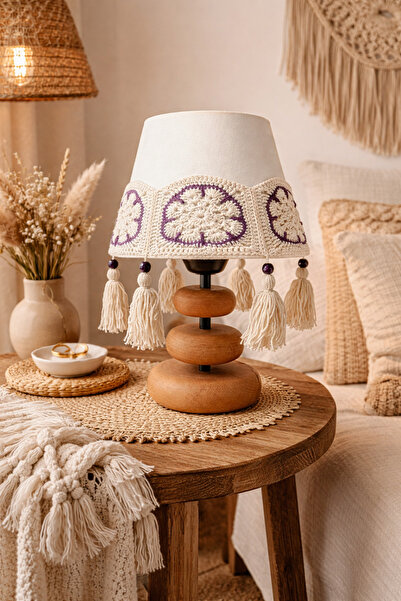 nijiartdesign أباجورة دائرية ثلاثية الطبقات بأرجل خشبية وتصميم كروشيه بسيط مع...