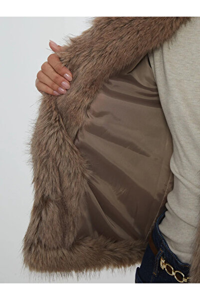 LC Waikiki Brown Shirt Collar Women Faux Fur Coat