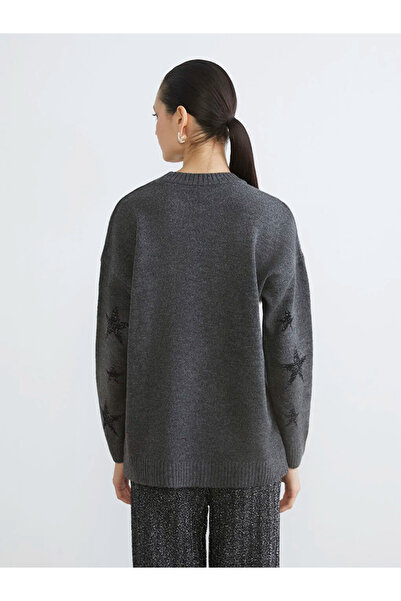 LC Waikiki Anthracite Crew Neck Star Patterned Women's Knitwear Tunic