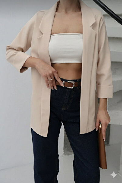 PURPLE FIRE BOUTIQUE Kadın Kahverengi Uzun Kol Atlas Kumaş Astarsız Blazer Ceket