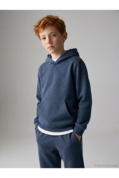 LC Waikiki Blue Hooded Boy's Thick Sweatshirt