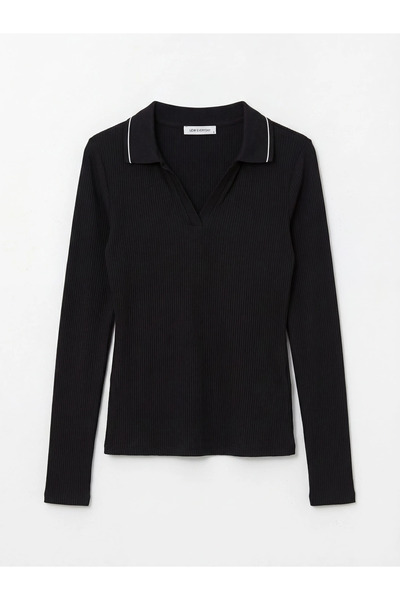 LC Waikiki Μαύρο γυναικείο μπλουζάκι με λαιμόκοψη πόλο και ριμπ ύφανση