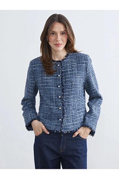 LC Waikiki Jachetă de damă din tweed, în carouri, albastru marin, cu guler ti...