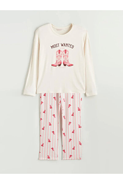 LC Waikiki Ecru Crew Neck Printed Women's Pajama Set