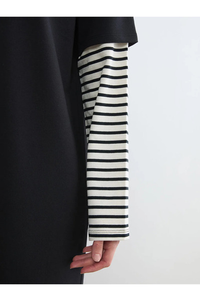 LC Waikiki Μαύρο ριγέ φόρεμα με λαιμόκοψη ποδηλάτου