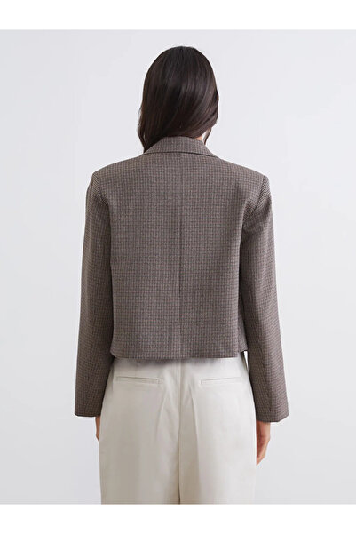 LC Waikiki Brown Houndstooth Patterned Crop Women's Blazer Jacket