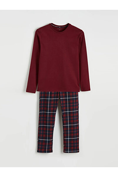 LC Waikiki Burgundy Standard Fit Plaid Men's Pajama Set