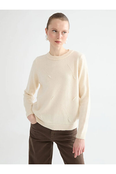 LC Waikiki Pulover tricotat de damă, bej, cu decolteu rotund și broderie cu p...