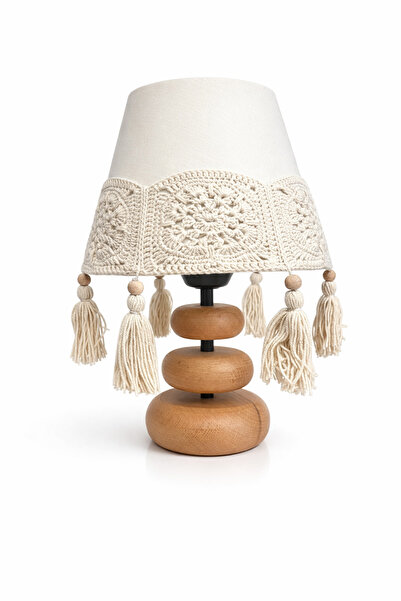 nijiartdesign Yuvarlak Üç Katmanlı Ahşap Ayaklı Sade Kroşe Motifli Püsküllü R...