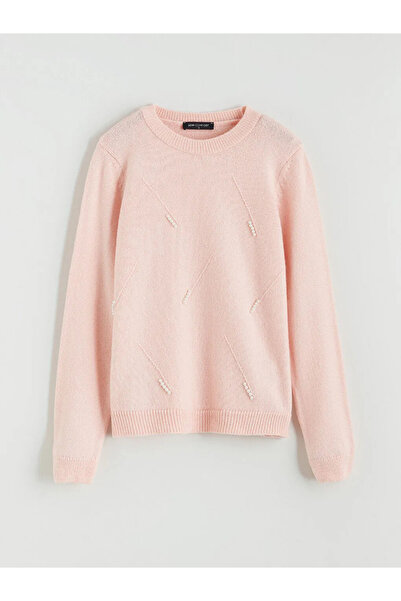 LC Waikiki Pink Crew Neck Pearl Embroidered Women's Knitwear Sweater