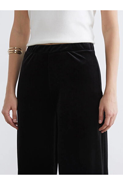 LC Waikiki Black Elastic Waist Wide Leg Women's Velvet Trousers