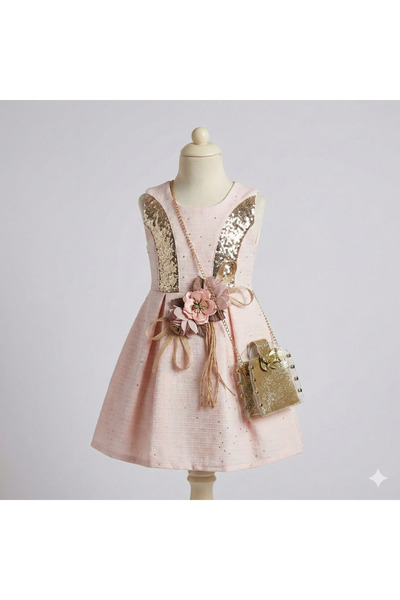 mj kids فستان سهرة للفتيات بلون البودرة مزين بالترتر مع إكسسوارات زهور، مناسب...