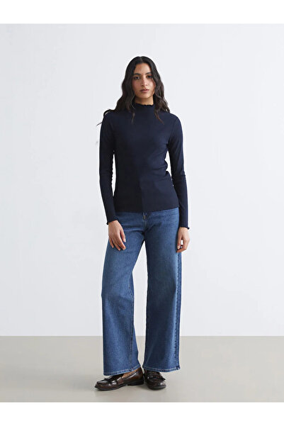 LC Waikiki Navy Blue Ruffled Mock Neck Women's Bodysuit