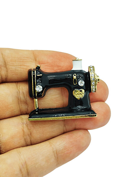 BB BİBUTİKSHOP Vintage Dikiş Makinesi Figürlü Siyah Tasarım Broş