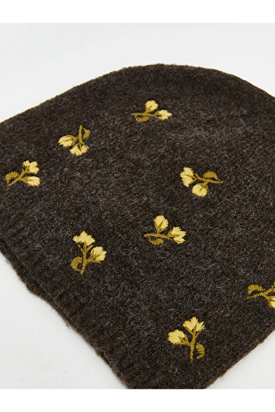 LC Waikiki Brown Floral Embroidered Women's Knitwear Beanie